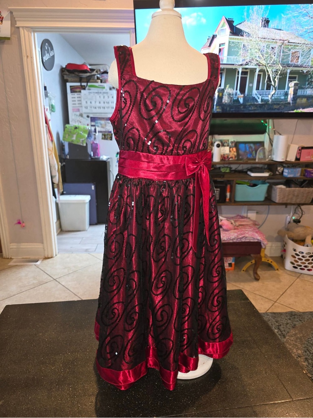 Girls' Burgundy Sequin Swirl Party Dress with Sash